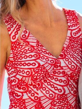 NWT Red White Eyelet Dress XL Lace A-Line V-Neck Scalloped Hem Resort Summer